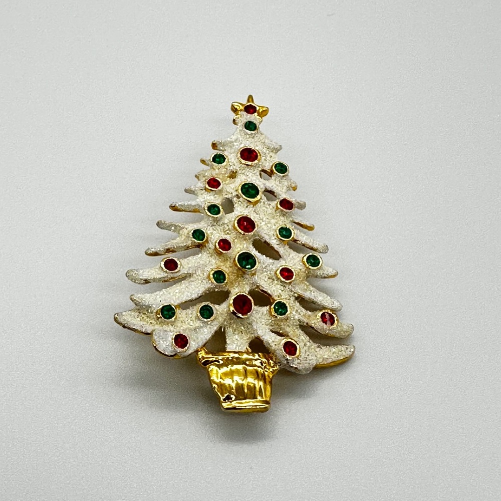 Eisenberg Ice Christmas Tree Brooch White Enamel Rhinestone Gold Tone Small